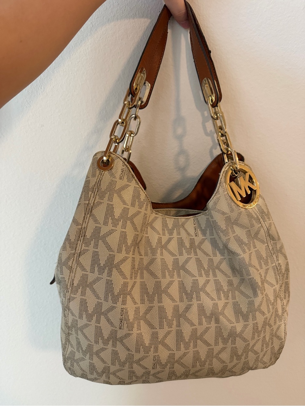 Michael Kors Tan Beige MK Monogram Shoulder Bag with Gold Accent - Picture 1 of 3